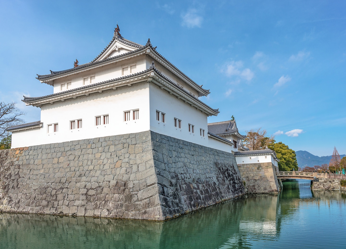 Sunpu Castle’s stone walls rise beside calm water, with green trees framing the historic grounds. - Mt. Fuji, Japan 