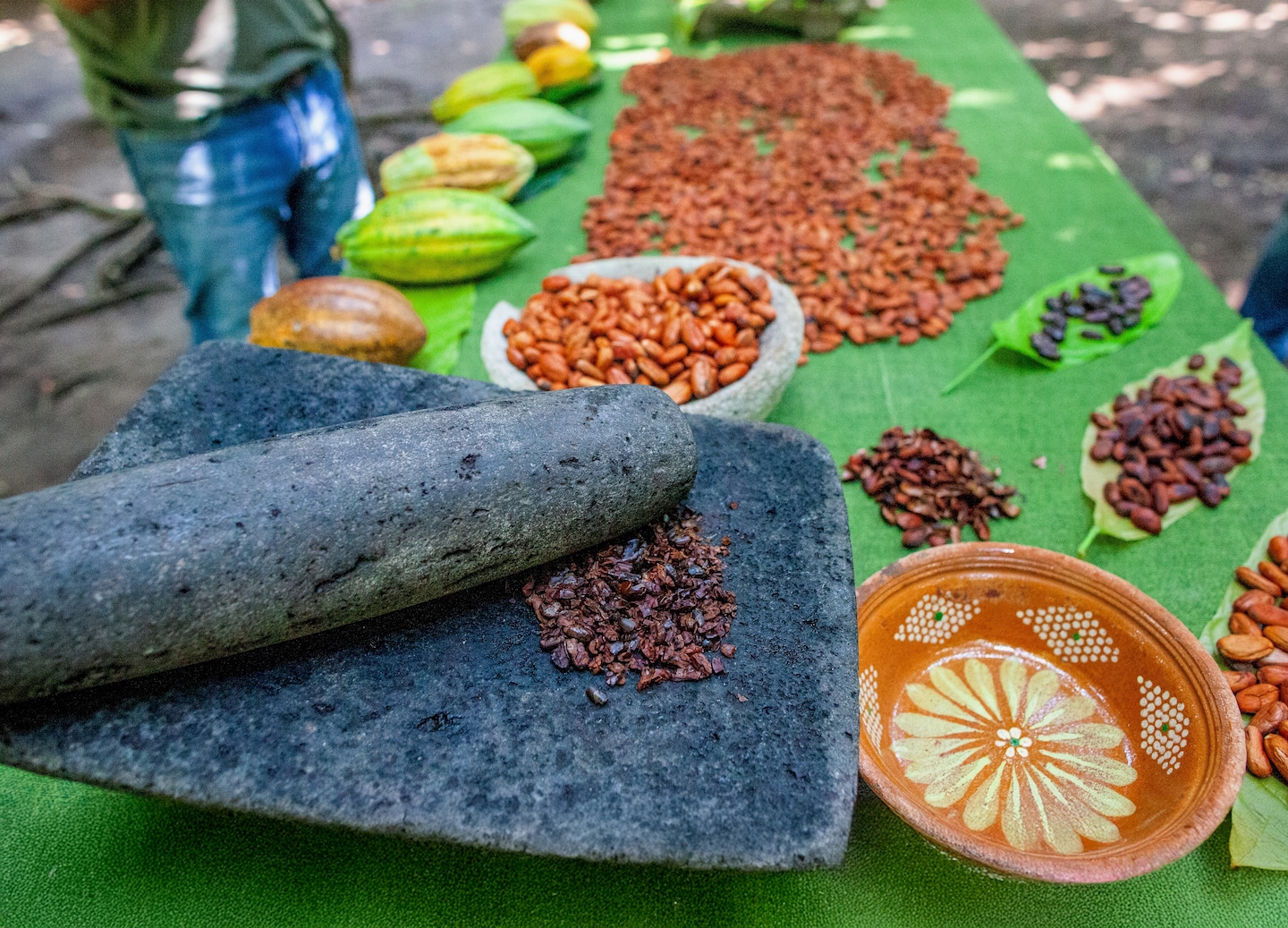 Hands grind roasted cacao beans using a traditional stone tool during a chocolate‑making workshop. - Costa Maya, Mexico
