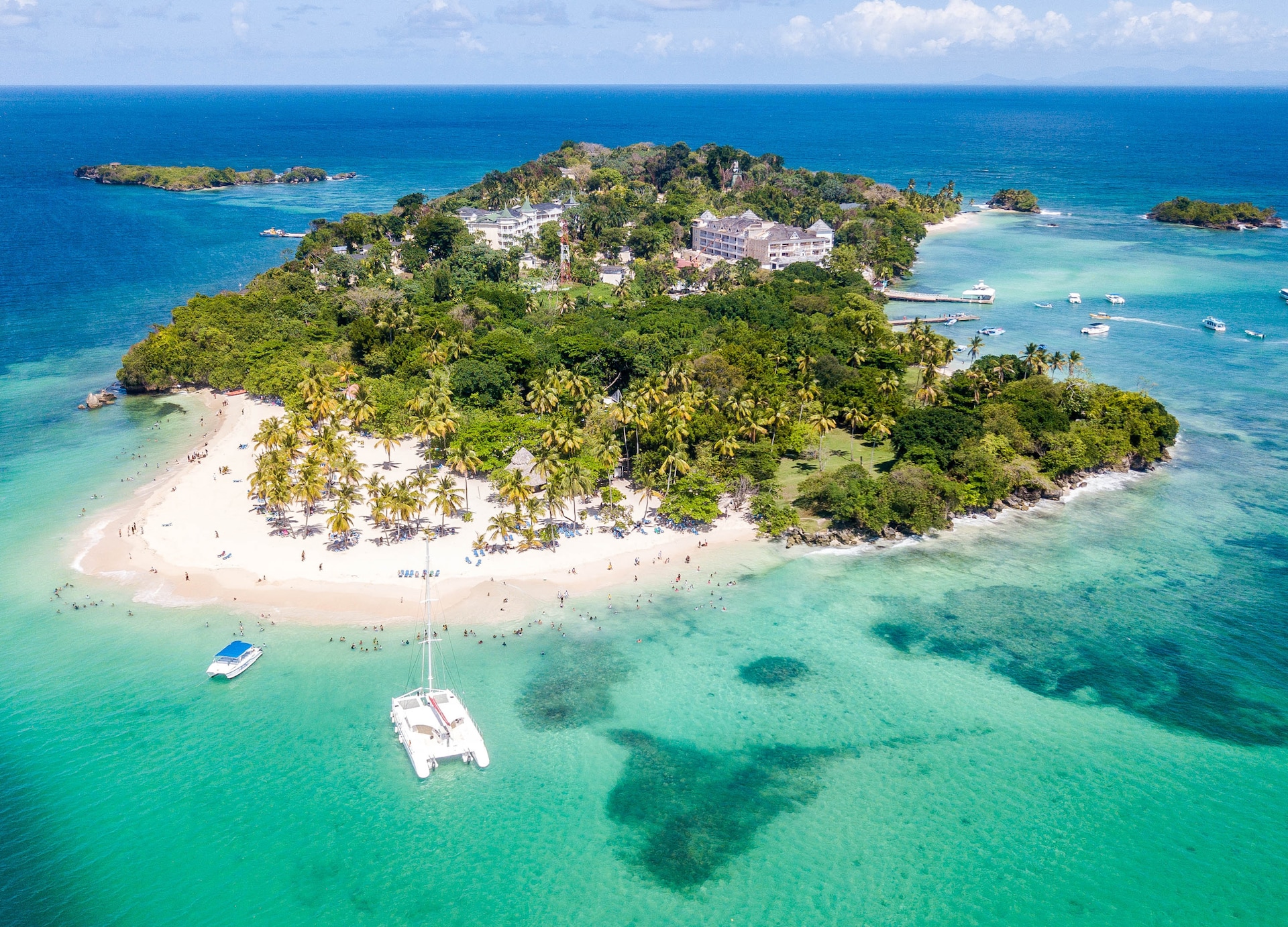 power catamaran to cayo levantado and infinity bay with lunch drone island