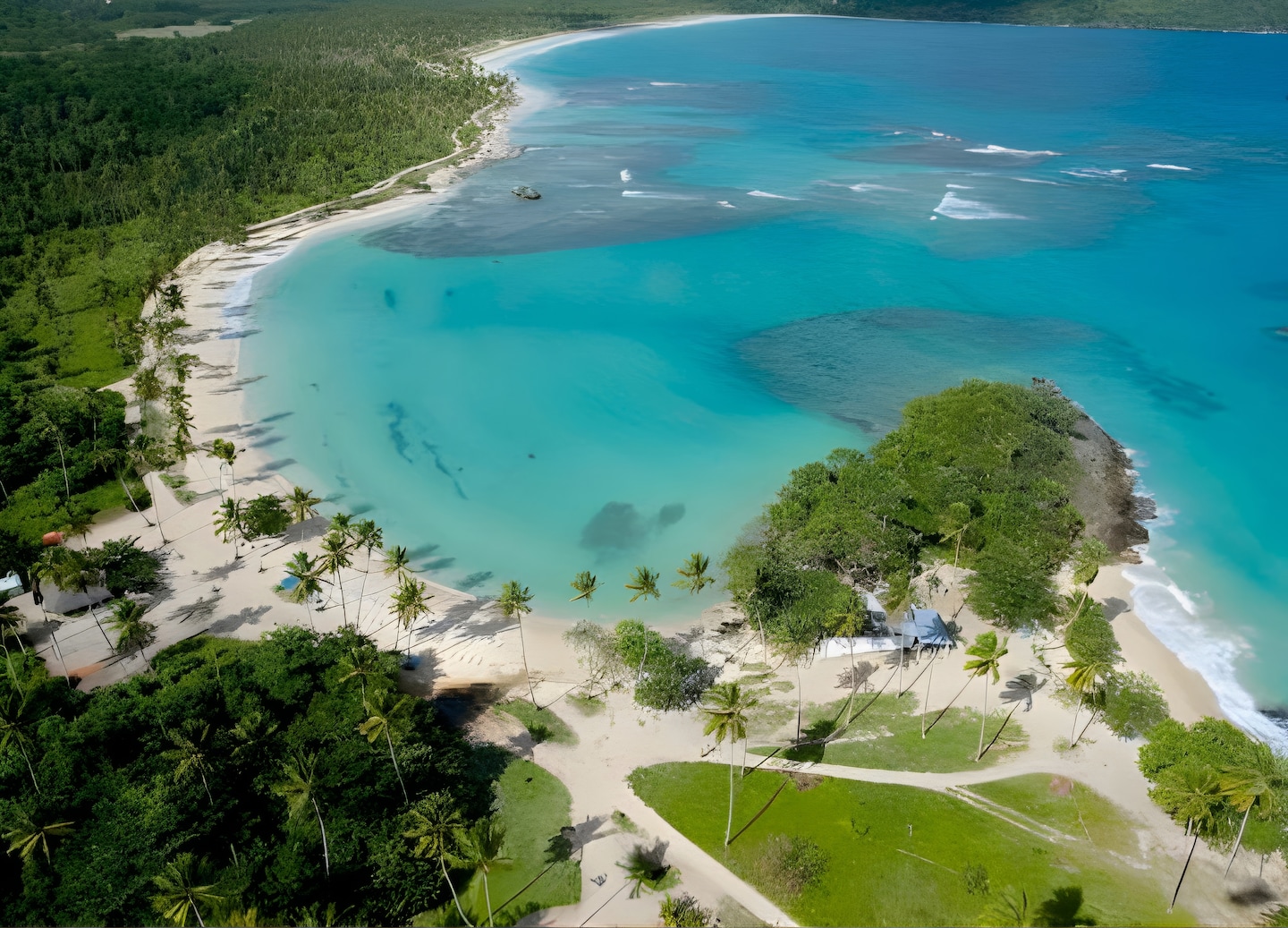 Aerial view of Playa Rincón shows bright turquoise water, soft white sand, and lush green coastline. - Samaná, Dominican Republic
