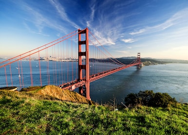 golden gate in clear blue sky with green grass as foreground san francisco usa