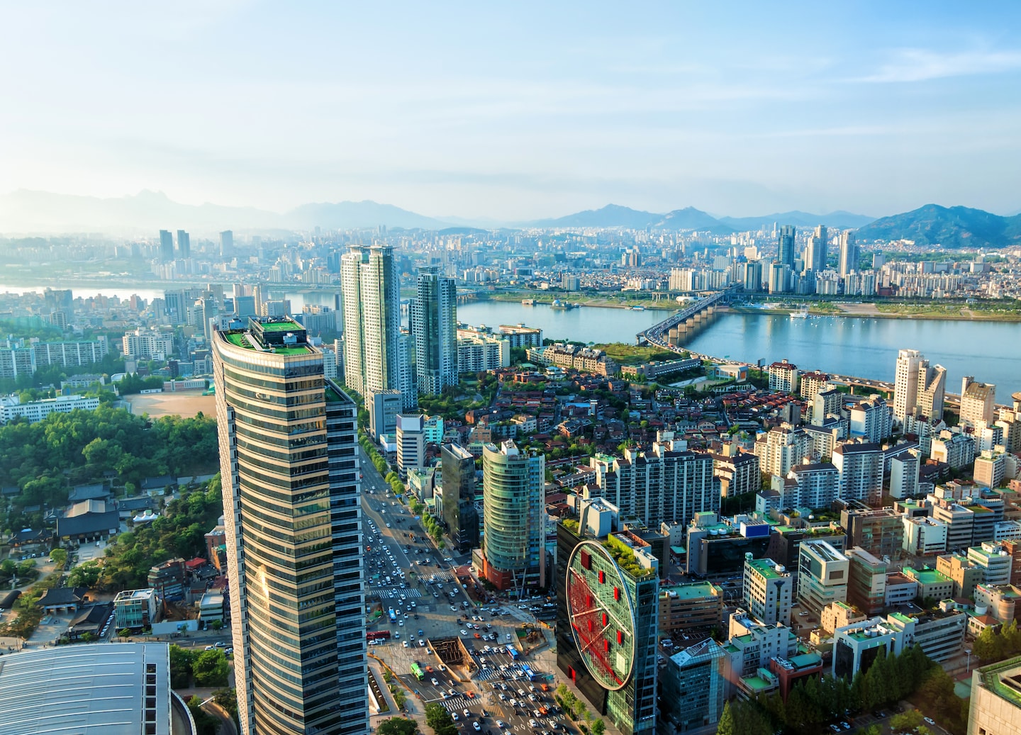 Panoramic view of downtown Seoul and the Han River, showcasing South Korea’s vibrant urban skyline. - Seoul, South Korea