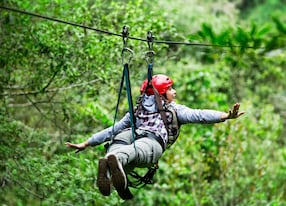 adult tourist wearing casual clothing on zip line trip selective focus against blurred forest