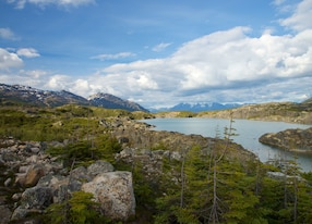 focus on lakes created by snowy mountains along klondike highway outside white pass summit with