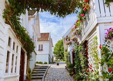 street with white wooden houses in old centre of stavanger norway architecture background