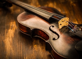 violin in vintage style on wood background