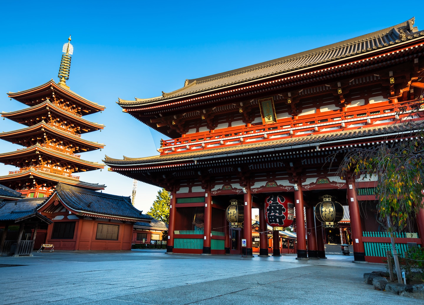Visitors walk beneath the grand gate of Sensō‑ji Temple, surrounded by lanterns and traditional architecture. - Tokyo, Japan