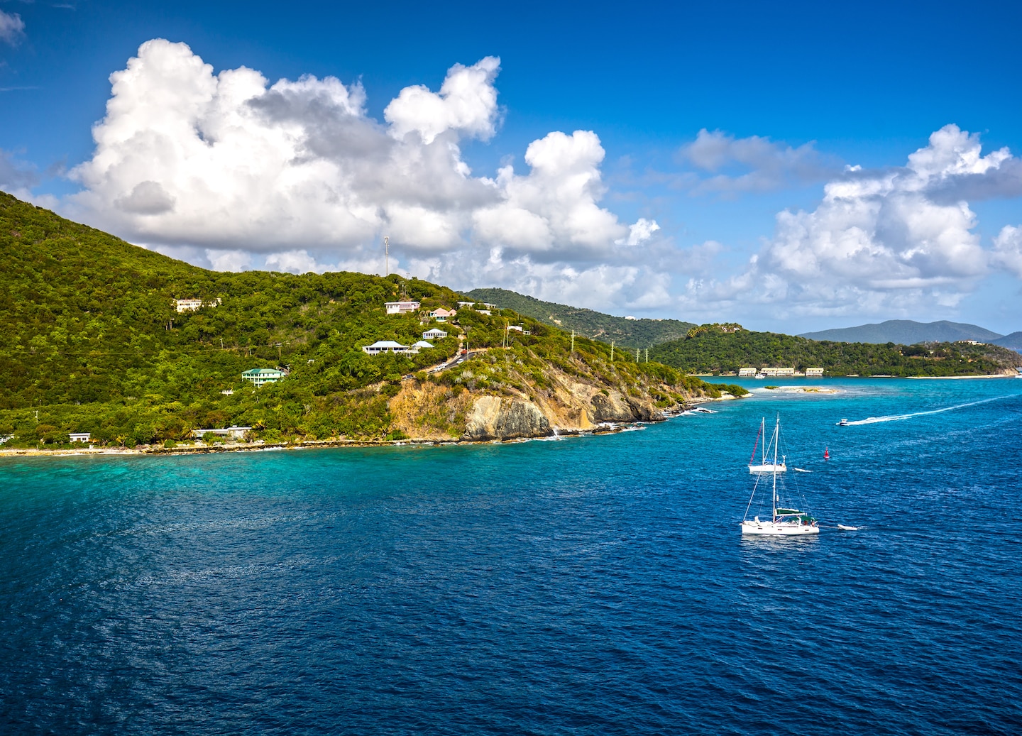 Road Town’s coastline with boats and hillside buildings. - Tortola, British Virgin Islands