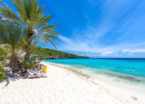cas abao beach paradise white sand beach with blue sky and crystal clear blue water in curacao